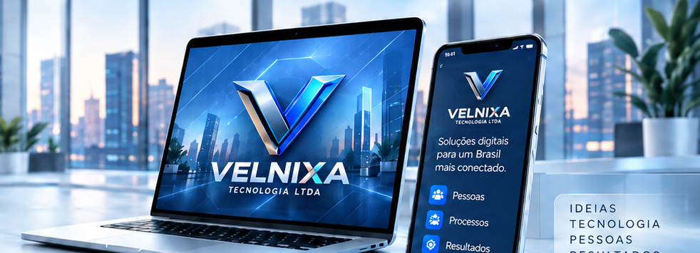 Notebook e smartphone com a identidade visual da VELNIXA em um ambiente corporativo